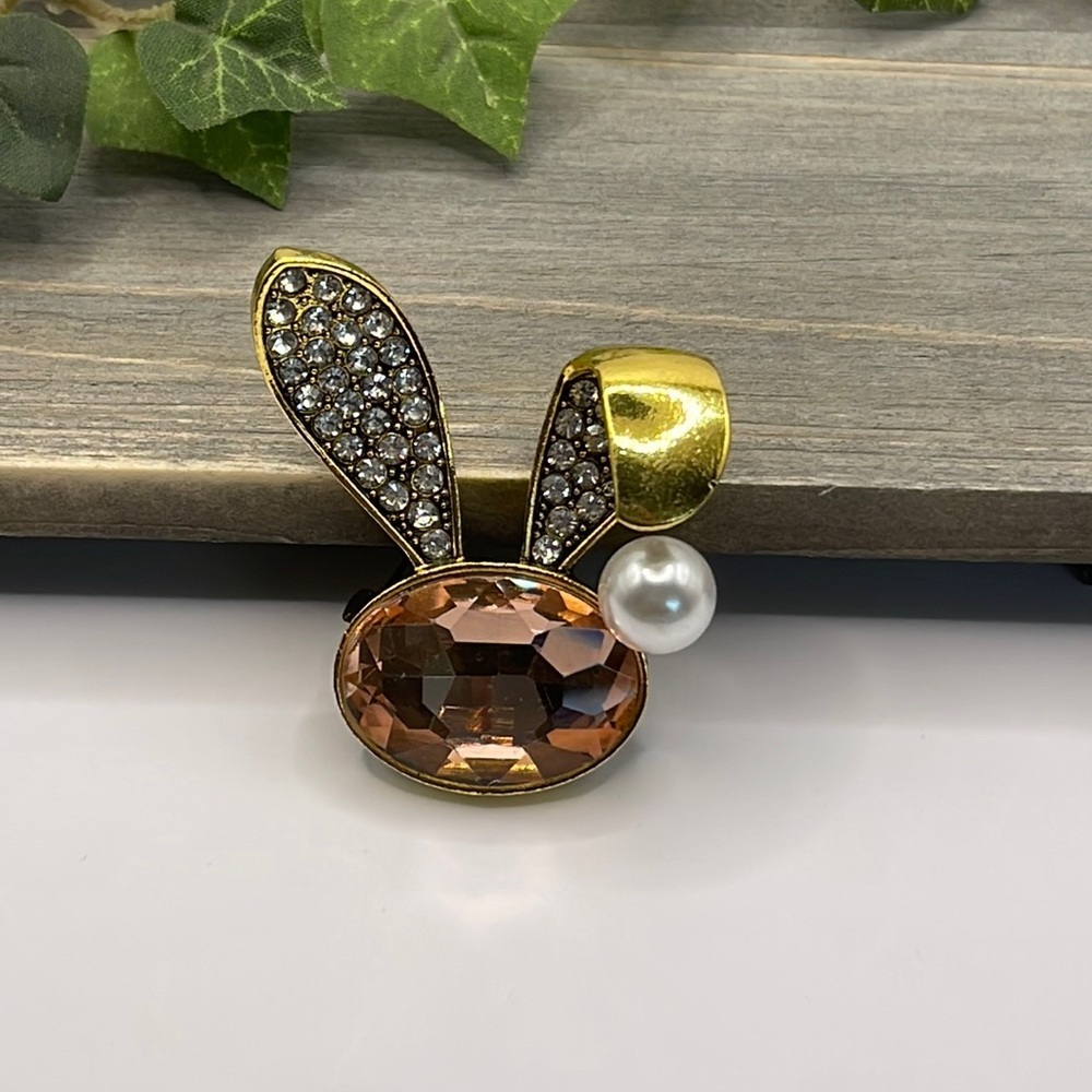 🌻 Vintage Peach Rhinestone Rabbit Ear Brooches - Picture 2 of 8